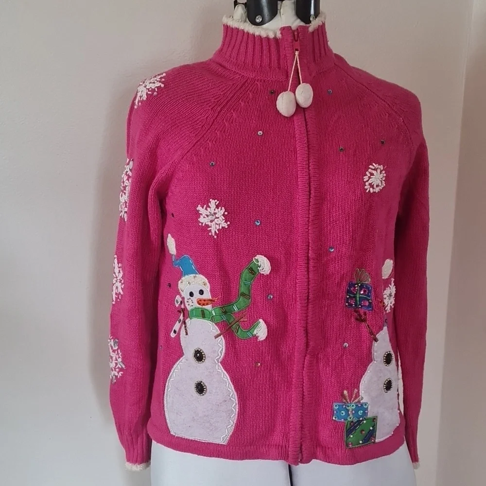 Christmas Ugly Pink Snowman Embellished Sweater Medium - Picture 9 of 14